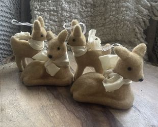 Set of 4 Vintage Style Flocked Fawn Deer Christmas Ornaments Cream Ribbon 5"