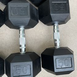 50lb Hex Rubber Dumbbell Set Weights 