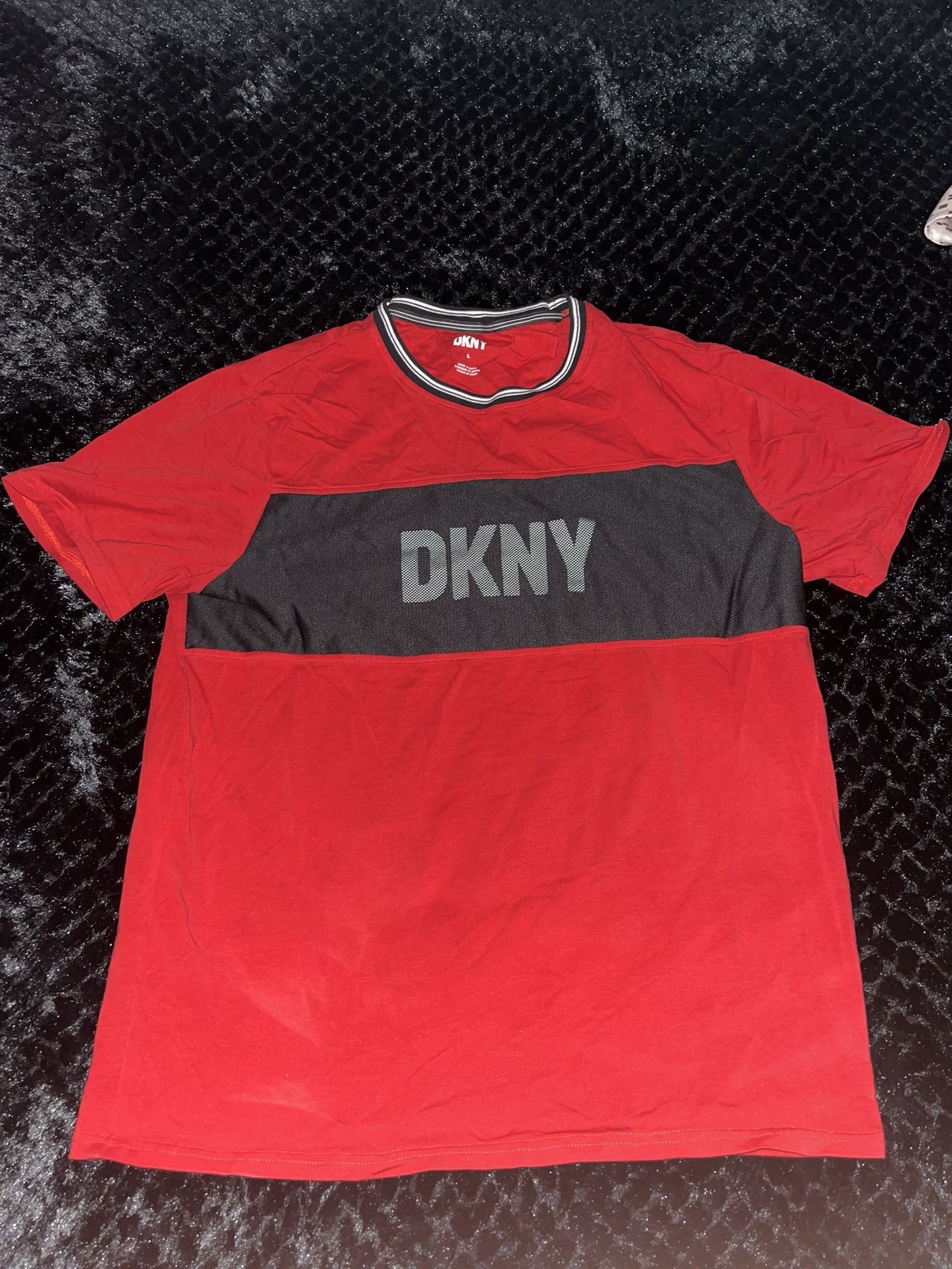 Red DKNY shirt size large small stains/dirt (in pictures)