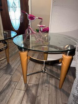 Round Glass Top End Table with Wood