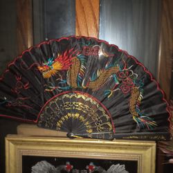 Vintage Oriental Dragon Embroidered  Silk Fan