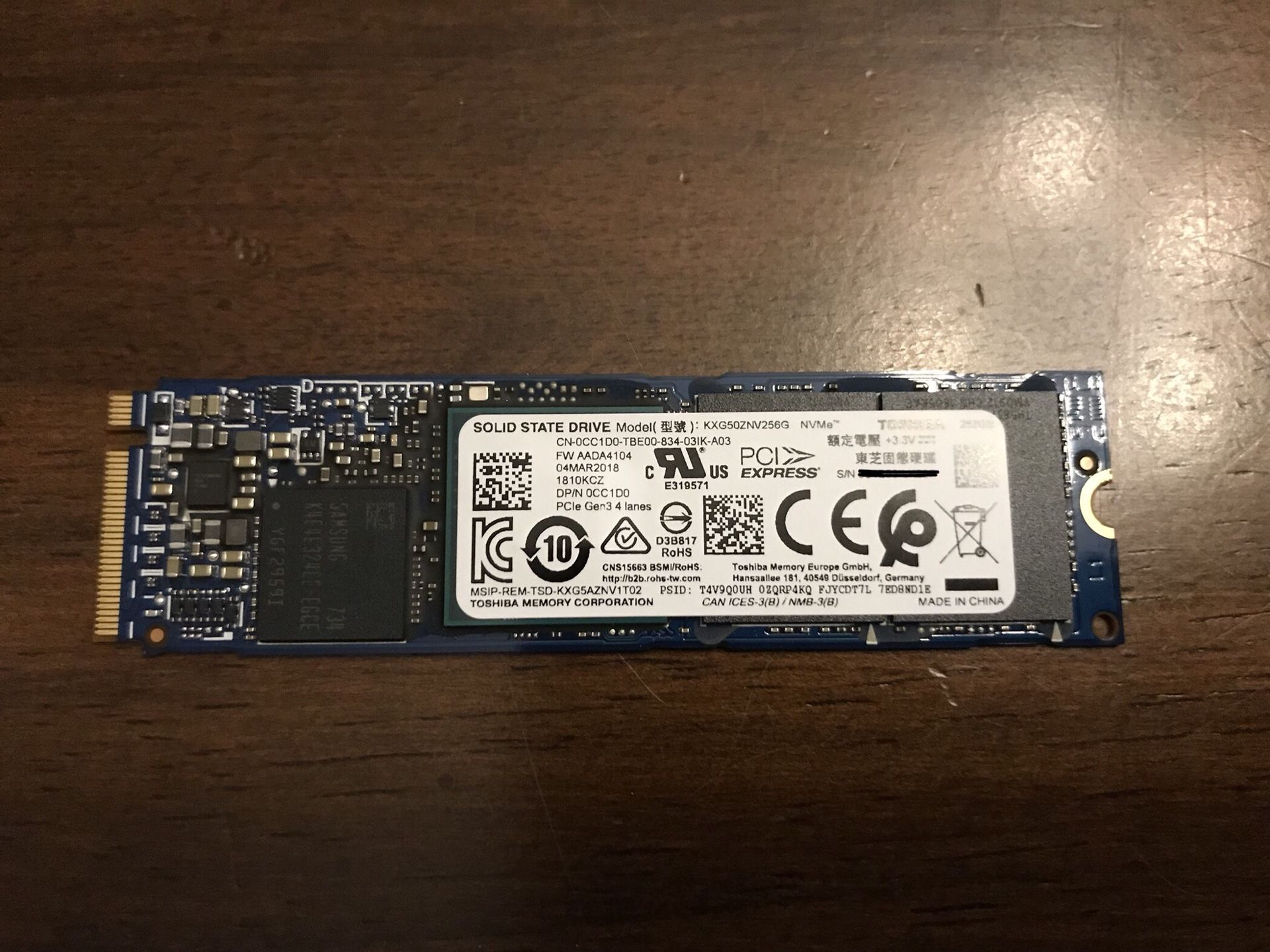 Toshiba XG5 NVME 256GB SSD KXG50ZNV256G M.2