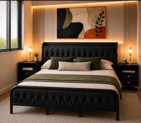 King Bed Frame with Charging Station, Heavy Duty Platform with black Upholstered K-1