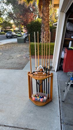 Pool Cue Rack with Cues and Billiard Balls