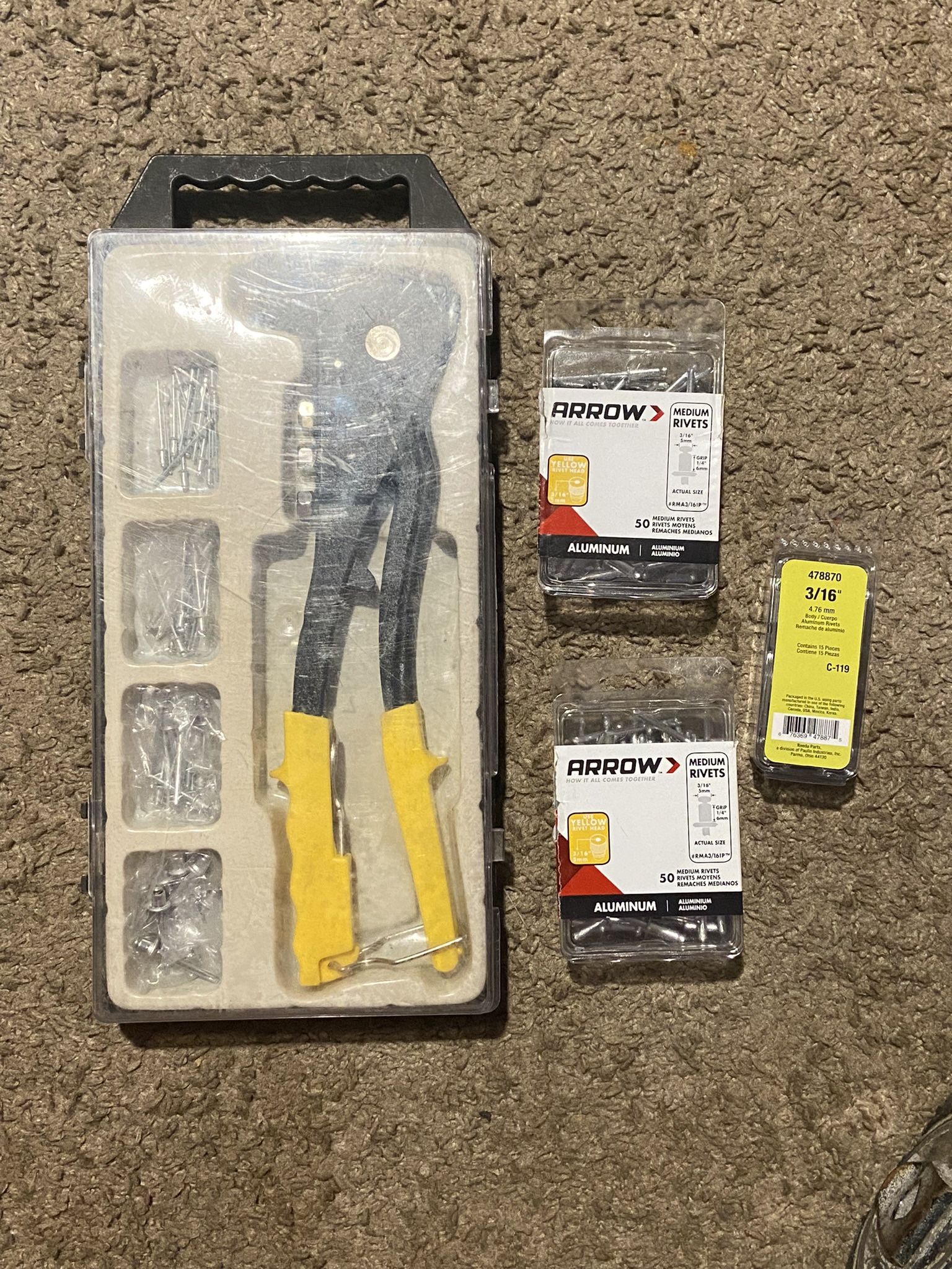 9.5” Rivet Tool Set with Rivets in Hard Case & 3 packs of NIP Rivets