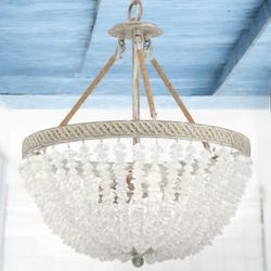  3 -Light Distressed Antique White Coastal  Chandelier Frosted glass Bowl Medium Hanging Pendant light