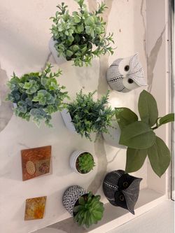 Artificial succulents and crystal pyramid