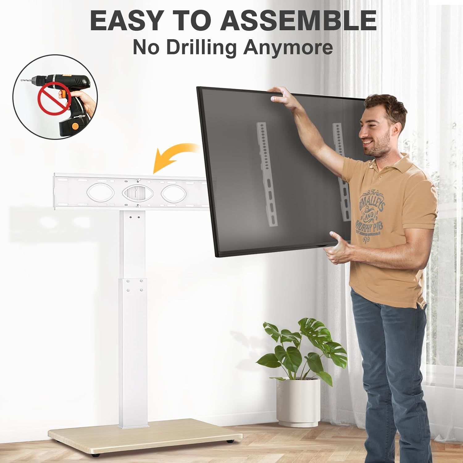 TV Floor Stand for 32-75 Inch Plasma LCD LED OLED Flat Panel or Curved Screen TVs, Swivel TV Stand Mount with Height Adjustment and Sturdy Wood Base
