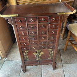 Antique Medicine China Wood And Brass Cabinet 