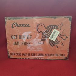 12" By 8" Retro Metal Tin Sign Get Out Of Jail 