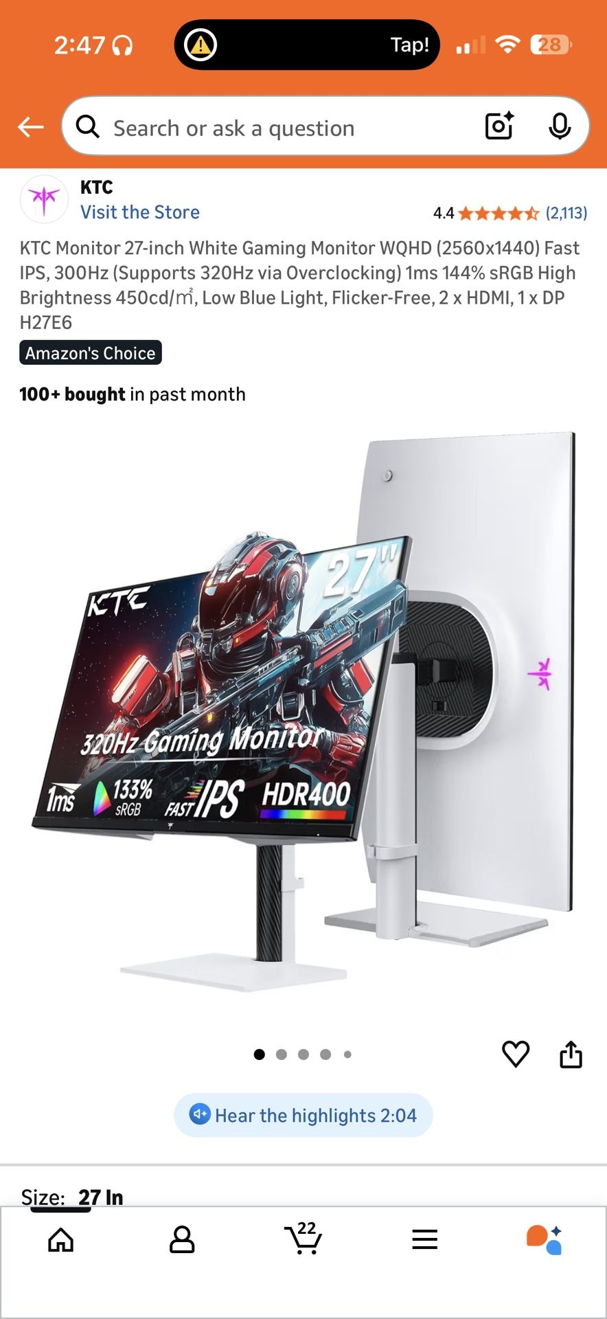 KTC 27inch White Gaming Monitor (New)