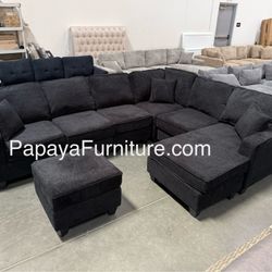 New! REVERSIBLE Large Sectional Sofa And Ottoman, Reversible Chaise Couch, Sectional, U-shaped Sofa, Sectionals Sofas, Couch,Black Sectional,Chenille 