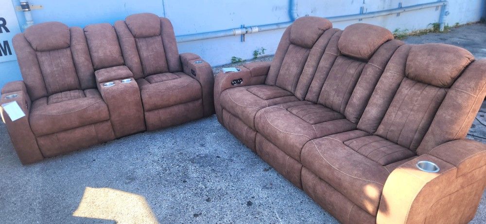 Brown Electric Recliner Sofa And Loveseat Set With Cupholders And Storage Compartments
