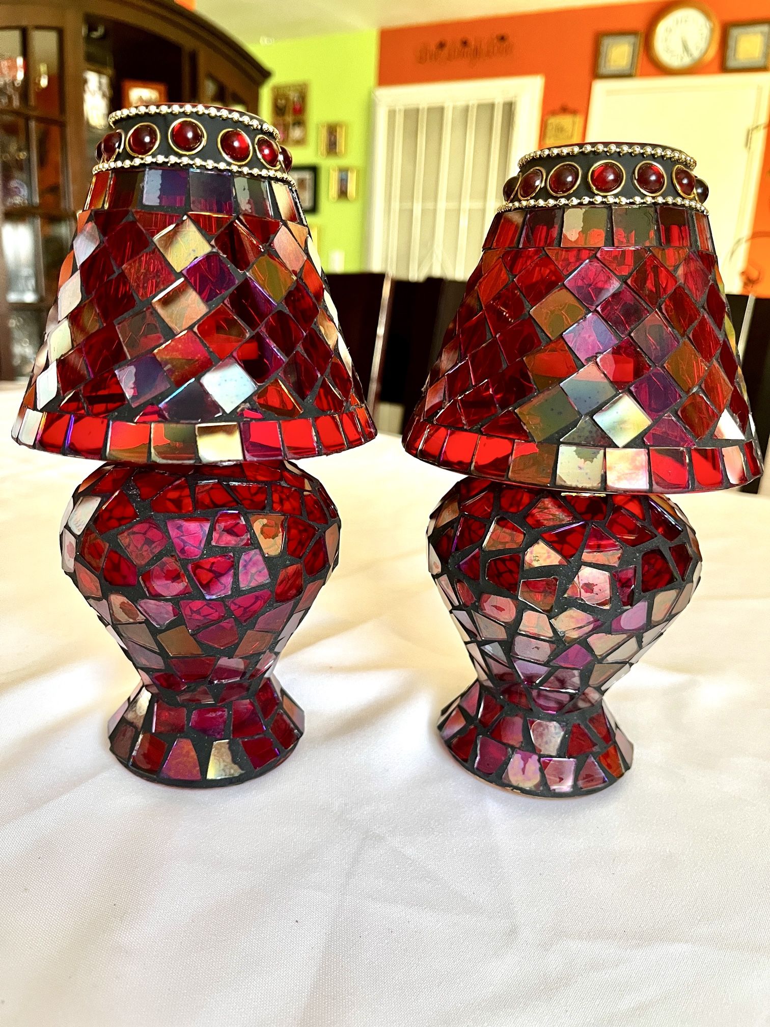 2 BEAUTIFUL VINTAGE RED MOSAIC GLASS TEA LIGHT CANDLES HOLDERS