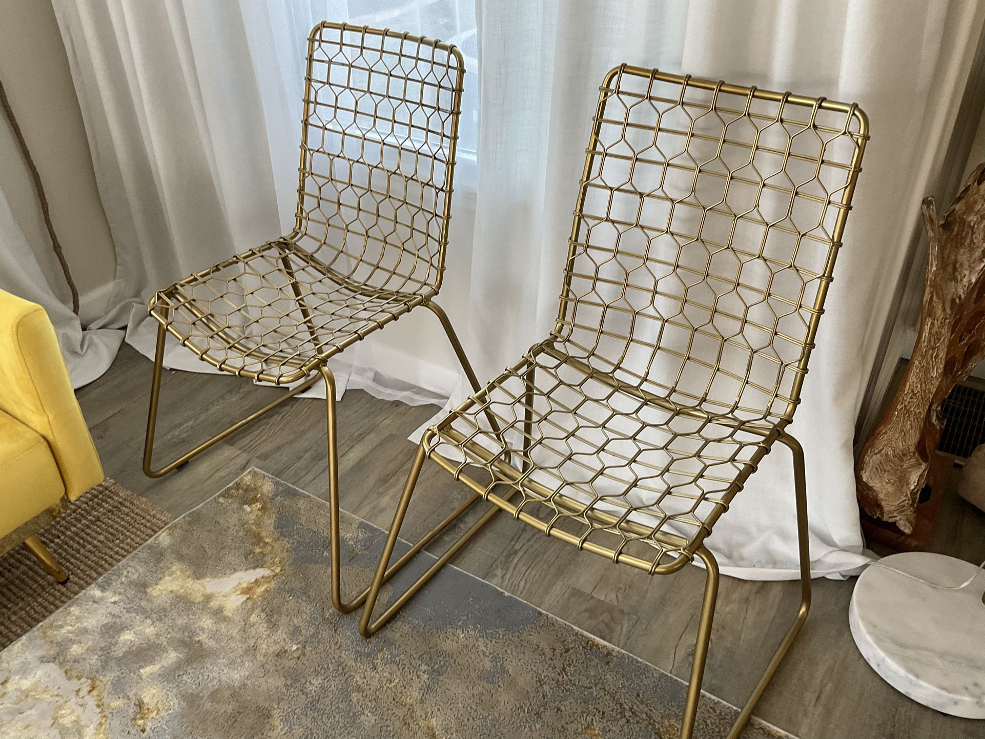 2 Lovely MCM Eames Style Gold Wire Dining Side Chairs
