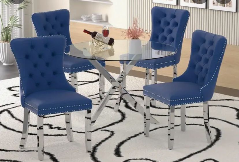 Blue 4 Velvet Upholstered Chairs With Silver Legs NEW