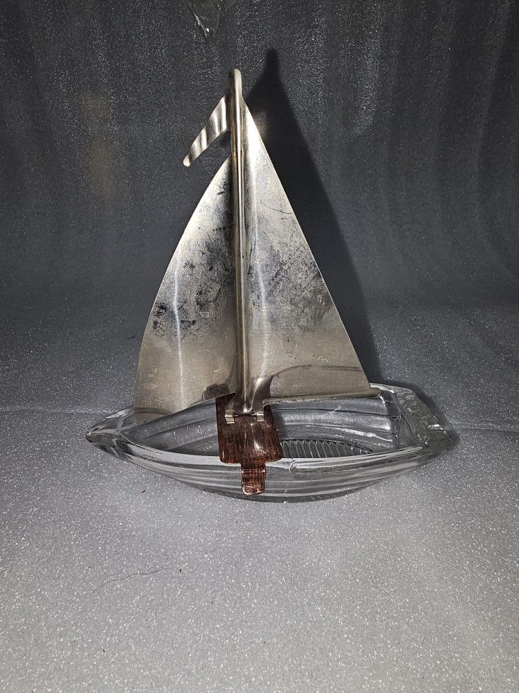 Vintage SAILBOAT Boat w Metal Sail Candy Container Glass Figural