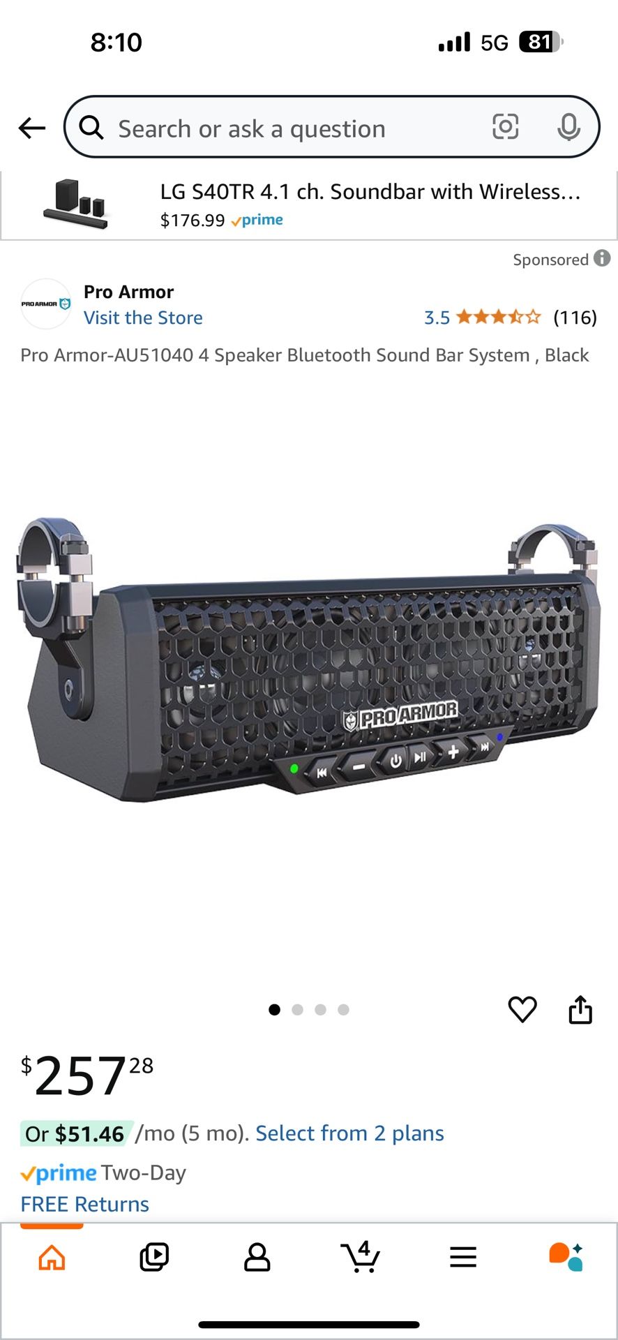 Pro Armor-AU51040 4 Speaker Bluetooth Sound Bar System , Black