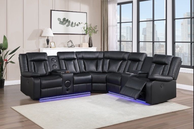 Sleek & Contemporary Power Reclining Sectional w/Bluetooth Speakers, LED Light & Console 