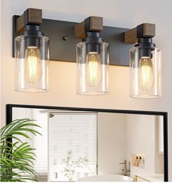3-Light Farmhouse Bathroom Light Fixtures, Black Bathroom Vanity Light Fixtures Over Mirror, Rustic