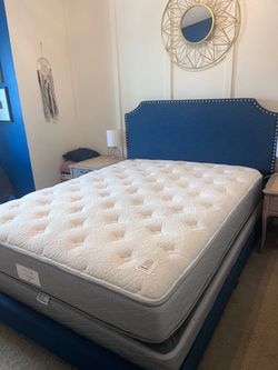 PENDING Serta Perfect Sleeper Queen Mattress, Box Spring and Blue Upholstered Bed Frame