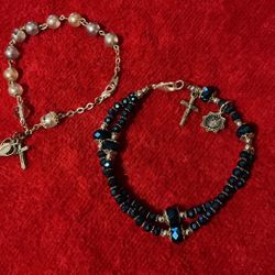 2 Beaded Rosary Bracelets…blue Beaded And Clear Beaded Rosary Bracelets
