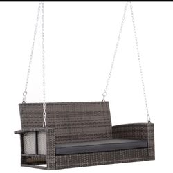New in box Outsunny 2 Person Wicker Hanging Swing Bench, Front Porch Swing Outdoor Chair with Cushions 550 lbs. Weight Capacity for Backyard, Garden, 