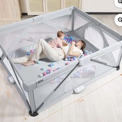 Angelbliss- Foldable Baby Playpen for Toddlers, Indoor & Outdoor Activity Center, Portable Play Yard with 2 Handlers+50 Balls (71"×59",Grey)