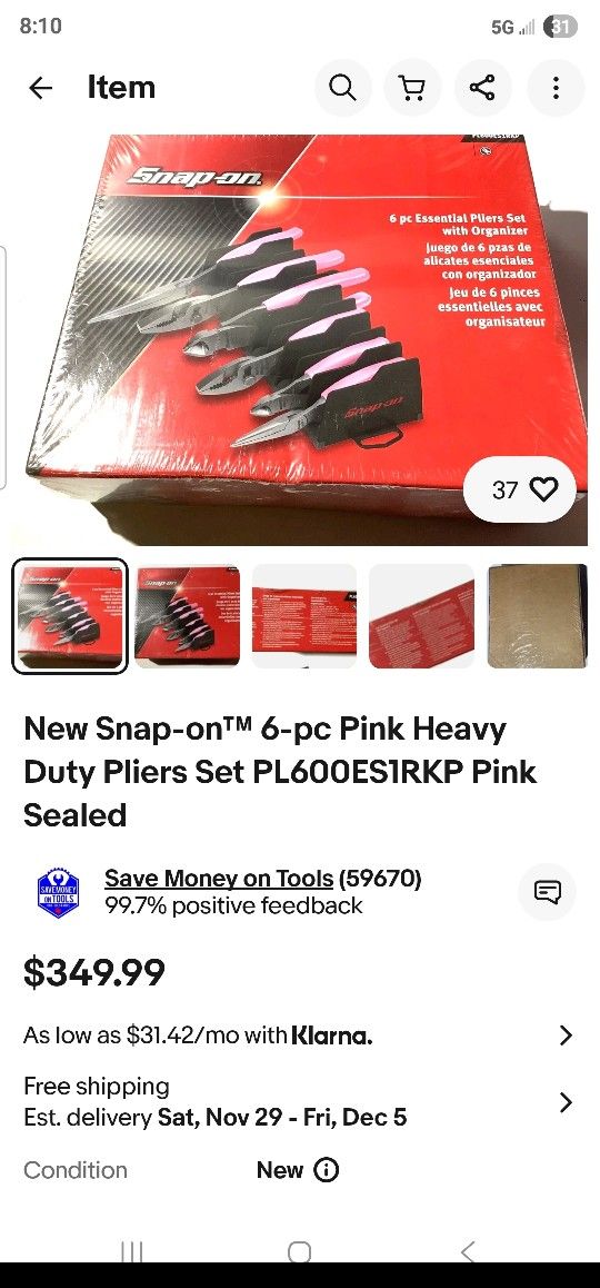 New In Box Snap On Pink Pliers Set With Small Screwdriver Set