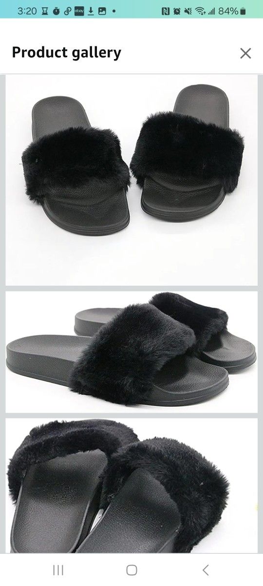 Women's Black Faux Fur Slippers – Size 6 – Cozy Winter Furry Slides
