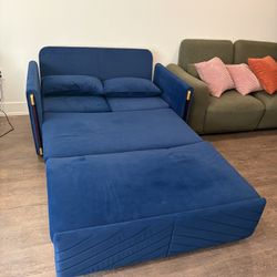 Blue Velvet Pull-Out Convertible Sleeper Sofa - Great Condition