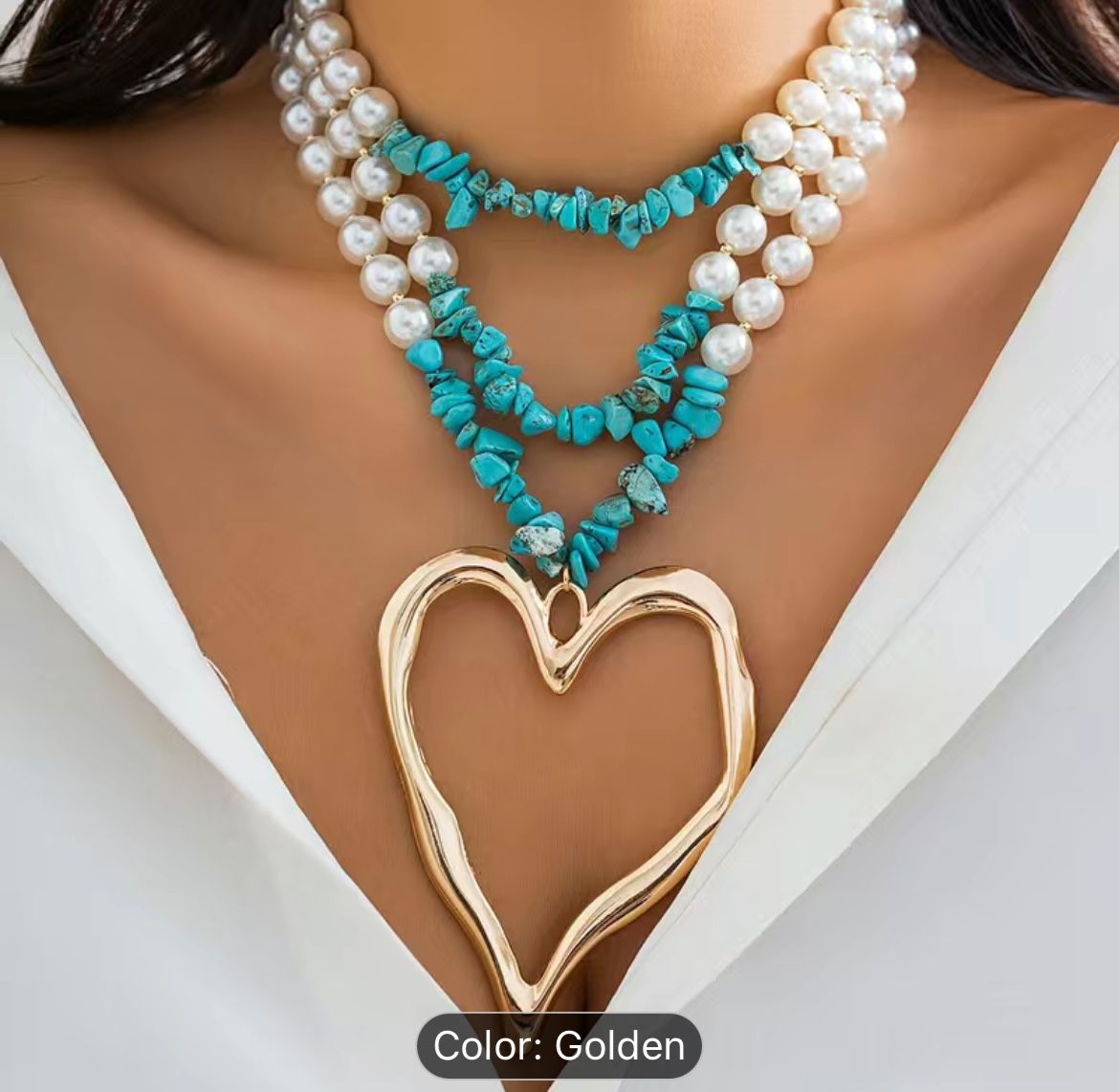 Hollow Heart Turquoise Pearl Layered Necklace $35