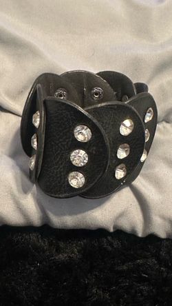 Black Rhinestone Studded Leather Bracelet