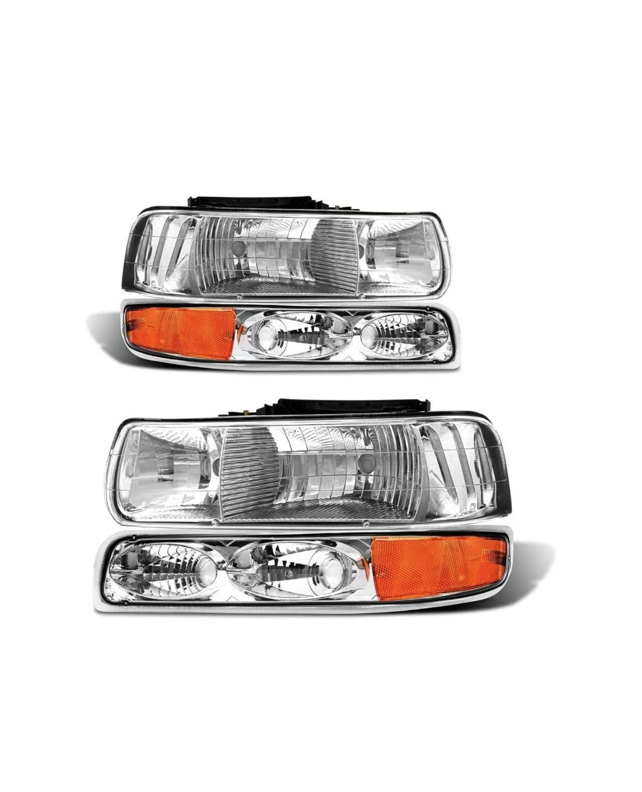 🥨Headlight Assembly for 1 2001 2002 Chevy Silverado 1/1500HD 2500HD 3500/2000-2006 Tahoe/Suburban Chrome Housing Amber Reflector Pair