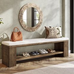 YT0061 new assembled 63" Solid Wood Entryway Bench, Modern Upholstered End of Bed Bench