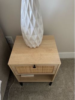 Set of 2 Modern Nightstands with Rattan Drawer