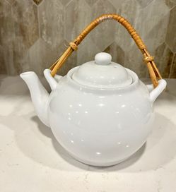 Pier 1 White Ceramic Teapot with Bamboo Handle - Sakai Style