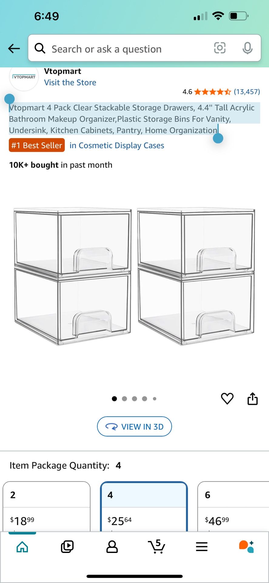Vtopmart 4 Pack Clear Stackable Storage Drawers, 4.4'' Tall Acrylic Bathroom Makeup Organizer,Plastic Storage Bins For Vanity,...