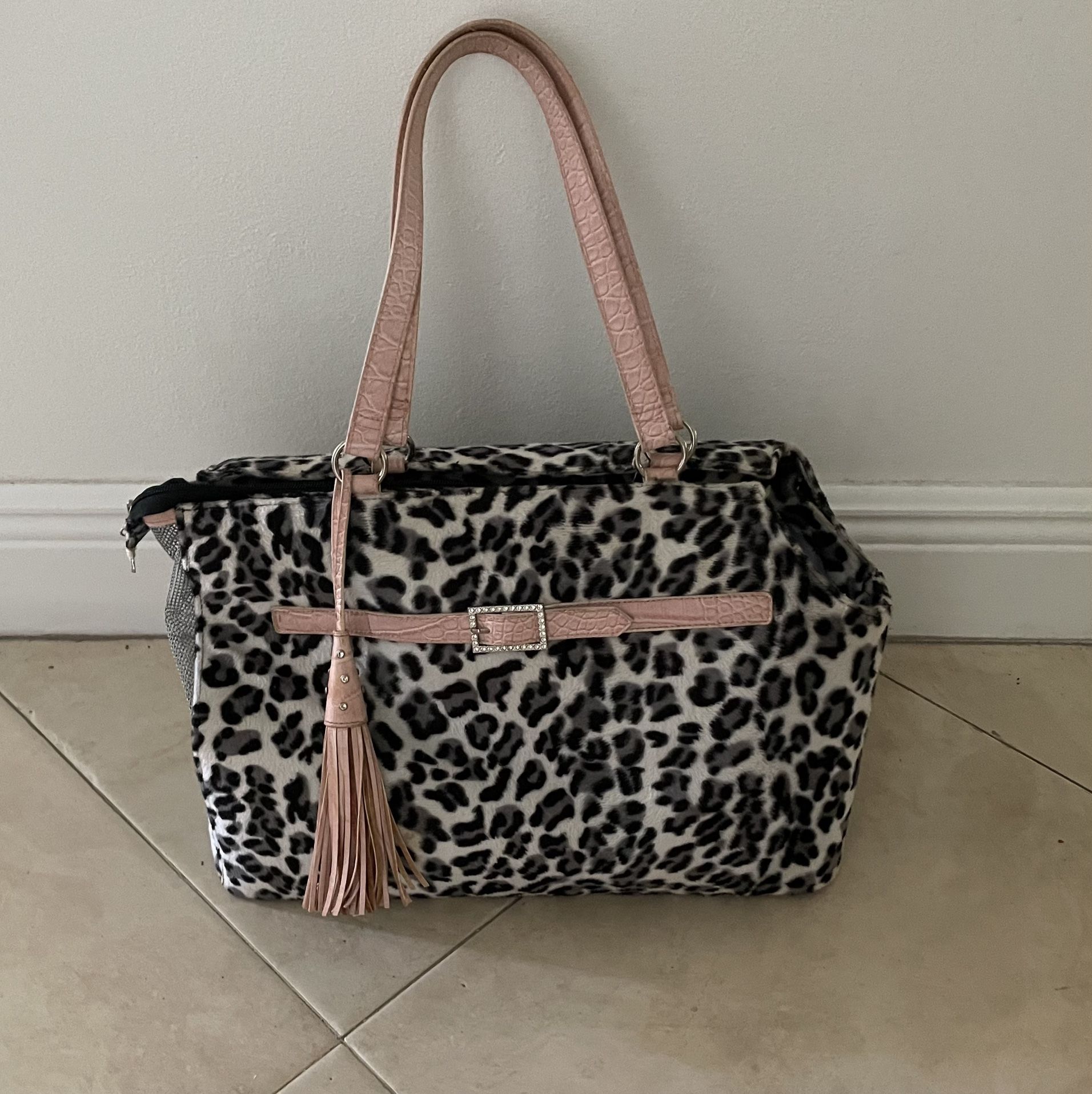 Small Dog Purse Carrier, 17”L X 12”H x 6”W, Leopard Faux Fur, Hard Bottom, Shoulder Straps
