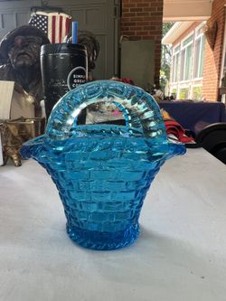 Vintage Blue Pressed Glass, Jeanette 2-Handled Basket,