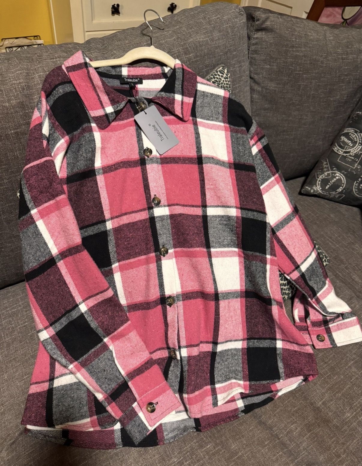 Brand New With Tags PINK & BLACK PLAID FLANNEL SHACKET Size Large, Relaxed Fit, Shirt + Jacket = Shacket,
