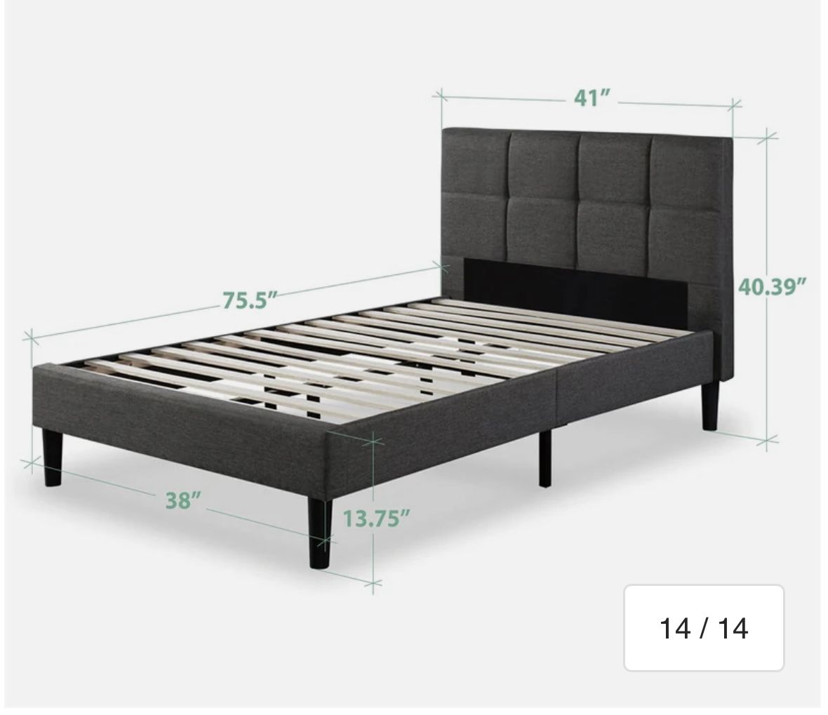 2 Frames Priage by ZINUS Grey Upholstered Square Stitched Platform Bed Frame
