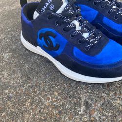 CHANEL Lace Up Tie Flat Runner Trainers 'CC Logo Blue Suede'