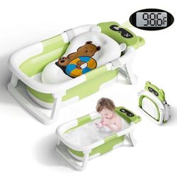 Collapsible Baby Bathtub for Infants and Toddlers with Soft Cushion and Thermometer-Gray,green