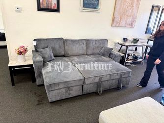 Gray Corduroy Sectional Sofa with Storage