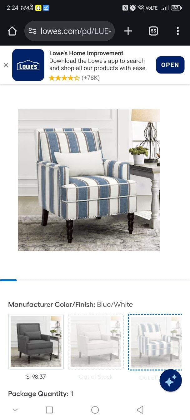 35 in. Blue White Stripes Fabric Classic Accent Chair Solid Wood Upholstered Armchair with Cushion Nailhead