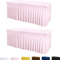 ManMengJi Table Cover and Table Skirt One-Piece for Folding Tables, 6FT Spandex Fitted Tablecloth with Ruffles Skirt for Weddings, Banquets, Parties, 