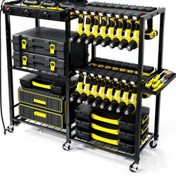 Power Tool Organizer Garage Storage with Charging Power Strip, 28 Drill Rack Tool Holder Racks Rolling Tool Cart on Wheels, Tool Shelf Organizer, Gara