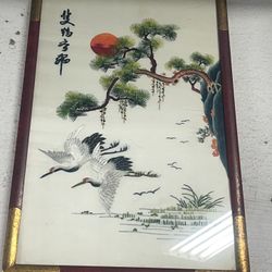 Japanese Mid Century Framed Art Of Cranes