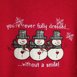 Womens Med Christmas Red Fuzzy Pullover Sweatshirt Embroidered Smile Snowmen 